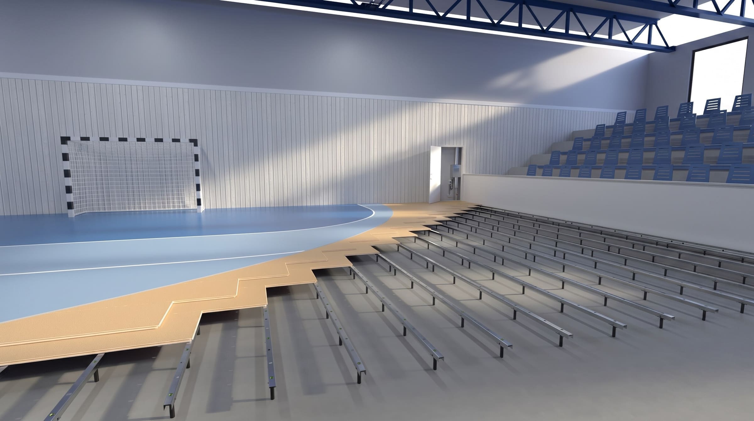 Regulējamas sporta grīdas sistēmas montāža