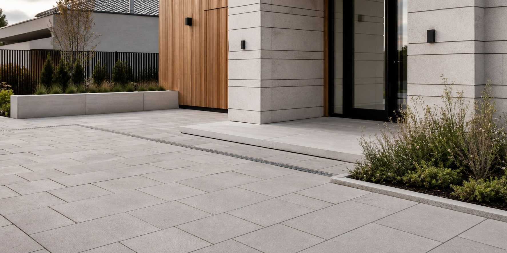 Completed exterior paving and entrance landscaping