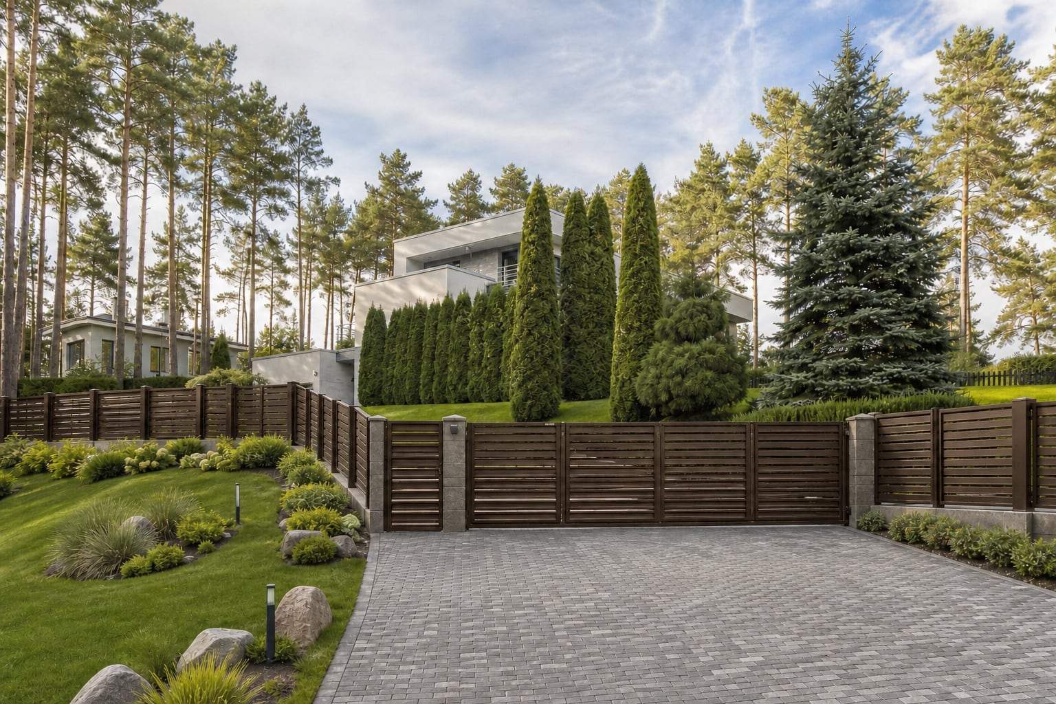 Landscaped private house entrance with renewed paving and fence